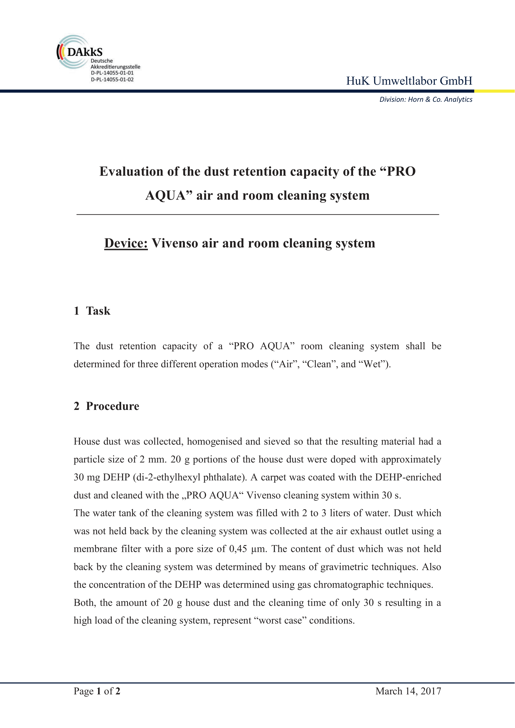 VIVENSO Air and Room Cleaning System - Evaluation of the dust retention capacity pag 1